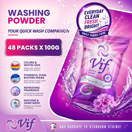 VIF Washing Powder 100g pack with quick‑wash formula and bright pink‑purple packaging front view