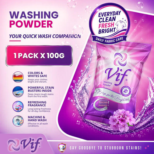 Vif Washing Powder 100g package on a pink and purple promotional background with text highlighting stain removal, colors safe, and machine hand wash compatibility.