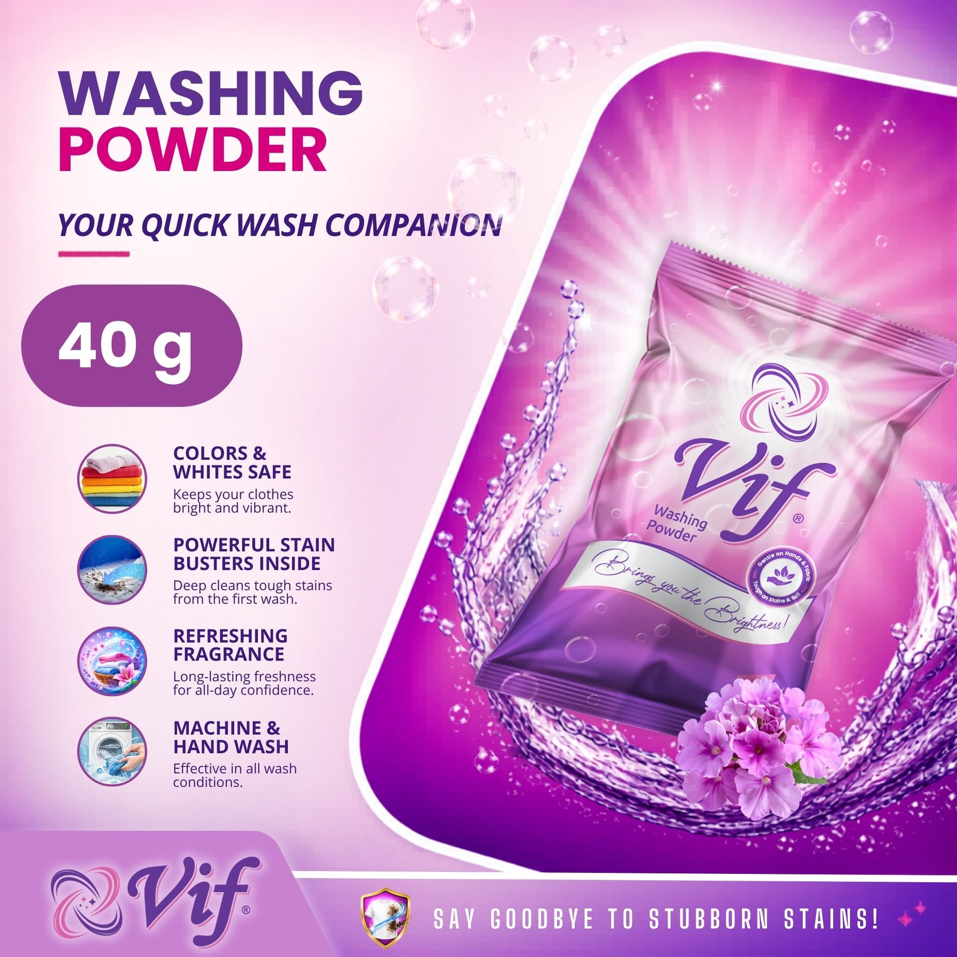 Vif Washing Powder 40g packet shown on a bright pink and purple promotional background with water splash graphics and product feature text.
