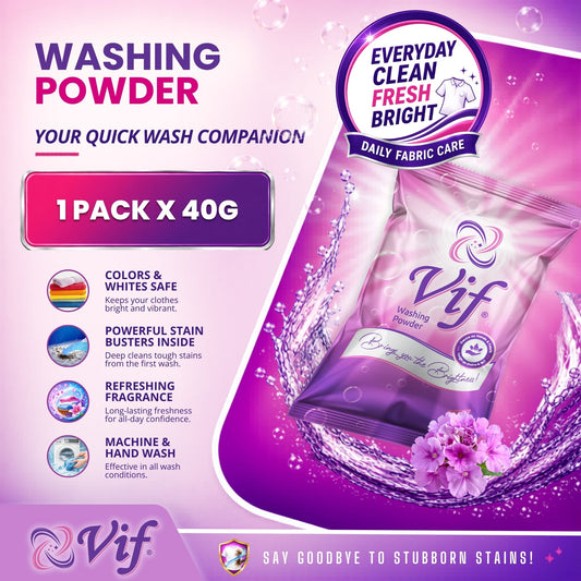 Vif Washing Powder 40g packet shown on a bright pink and purple promotional background with water splash graphics and product feature text.